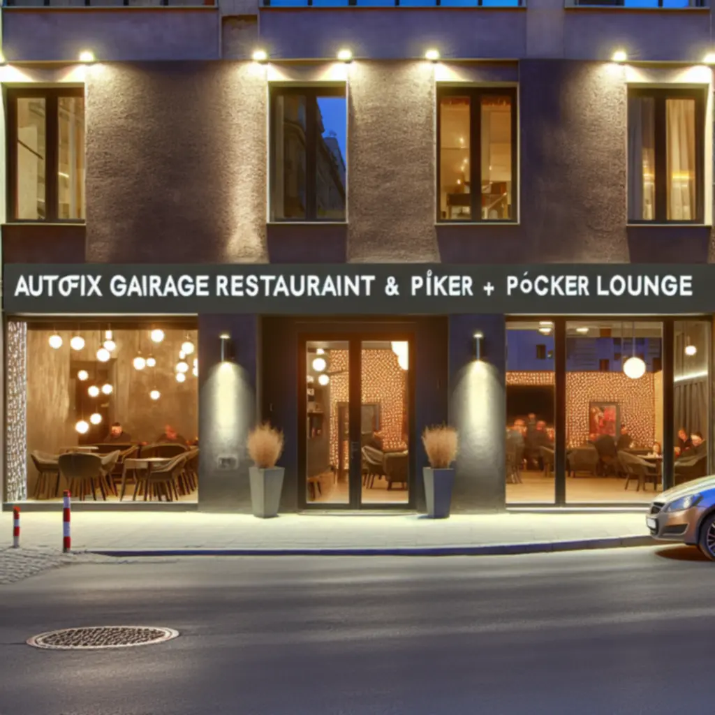 AutoFix Garage Hub exkluzív bejárata esti megvilágításban