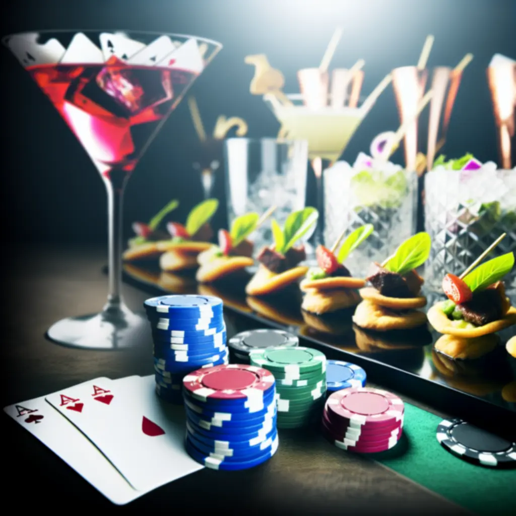 Ételek és italok tálalva egy pókerasztal mellett az AutoFix Garage Hubban